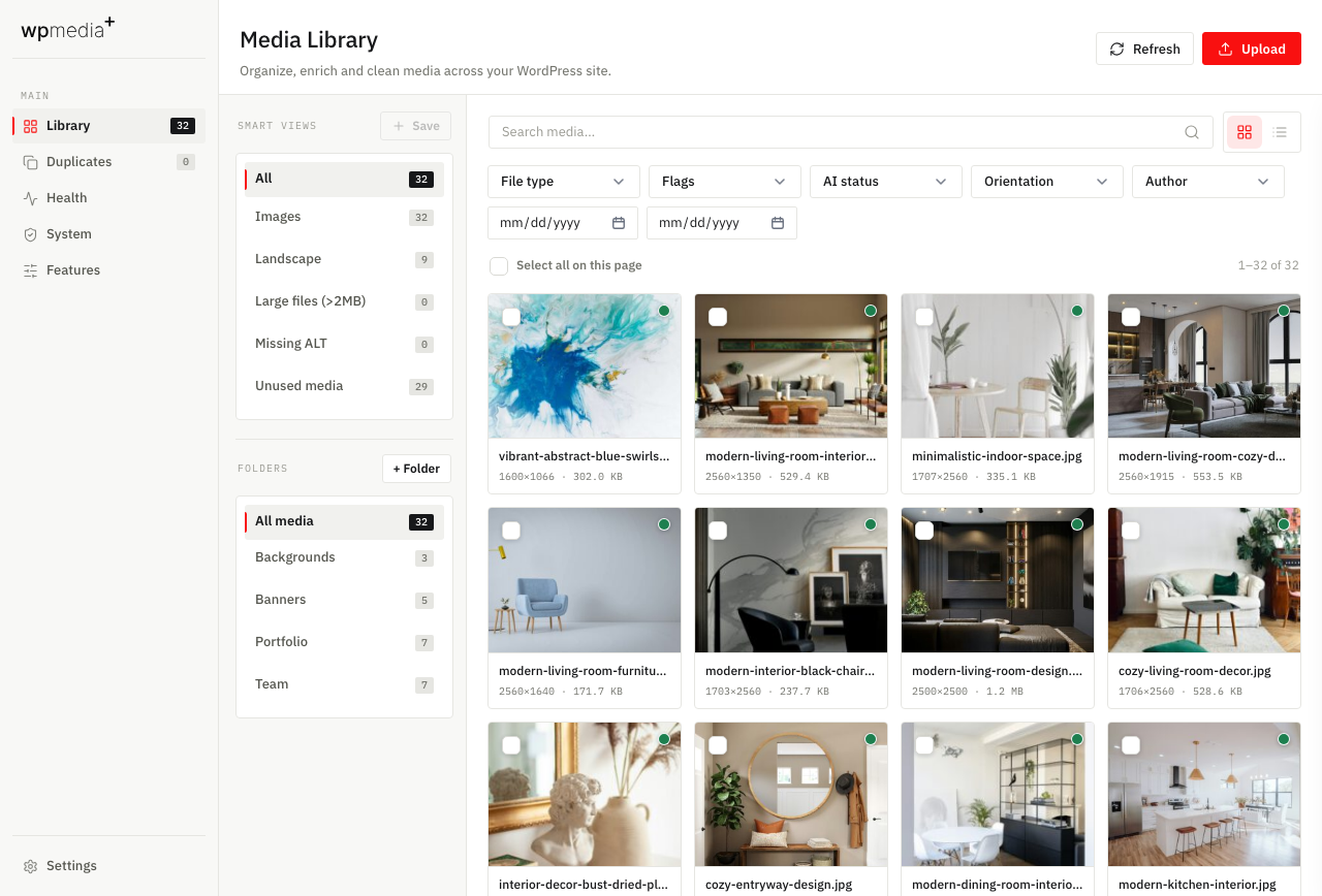 Library grid with folders and filters