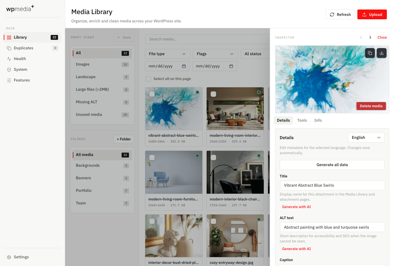 Inspector Details tab with AI metadata fields