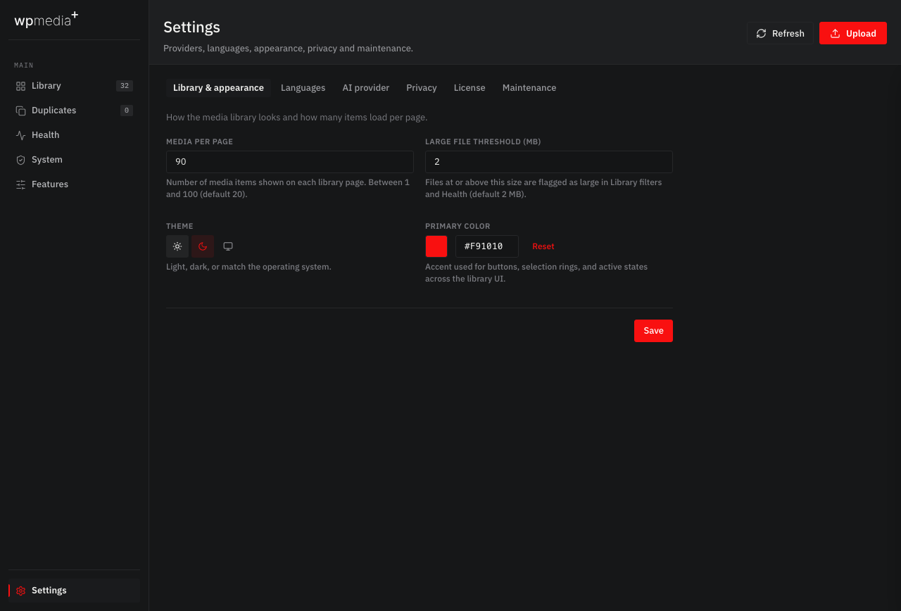 Settings Library and appearance
