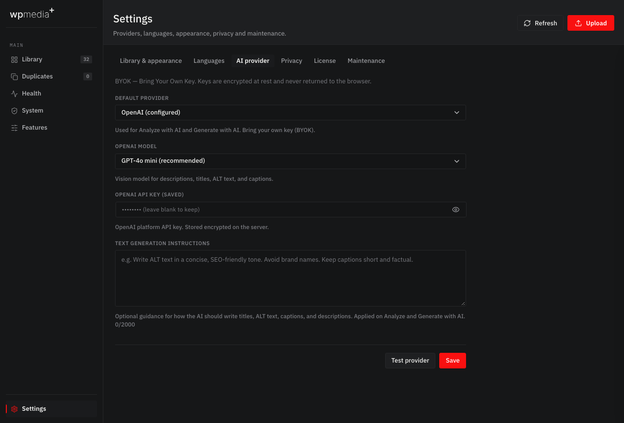 Settings AI provider BYOK screen