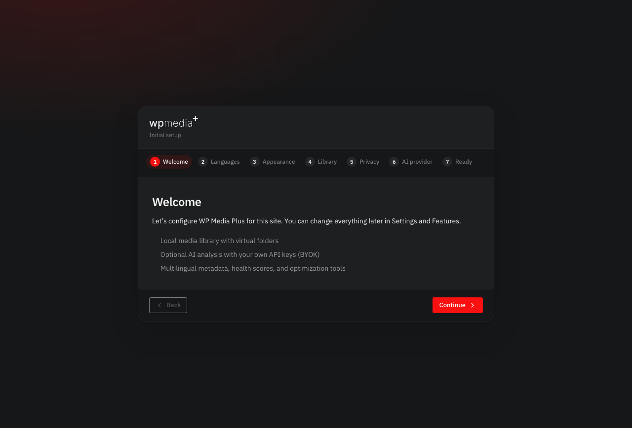 First-run setup wizard welcome step