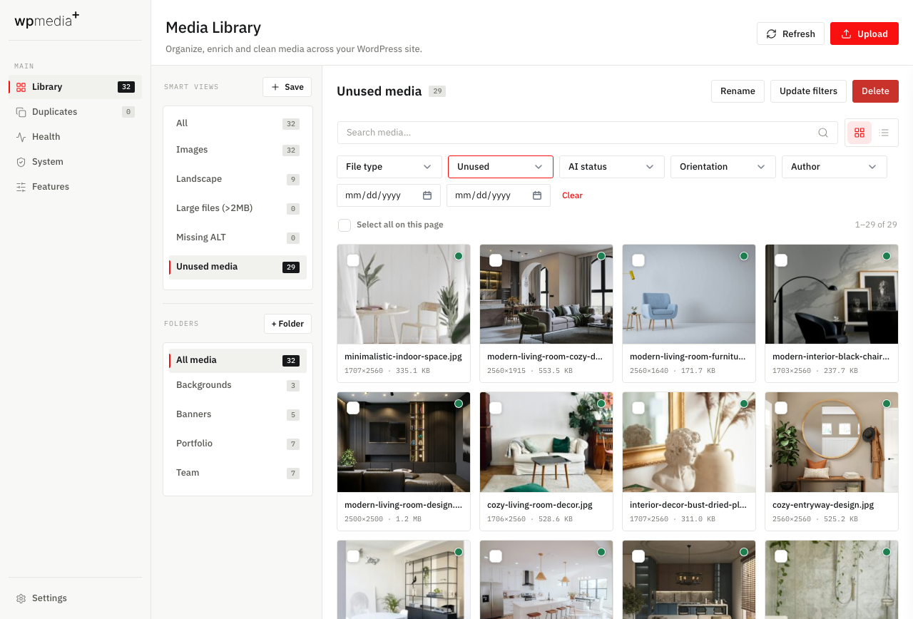 Library filtered to unused media